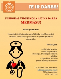 Ulbrokas vidusskola aicina darbā medmāsu