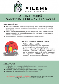 Sabiedrība ar ierobežotu atbildību “VILKME” aicina darbā Santehniķi Ropažu pagastā