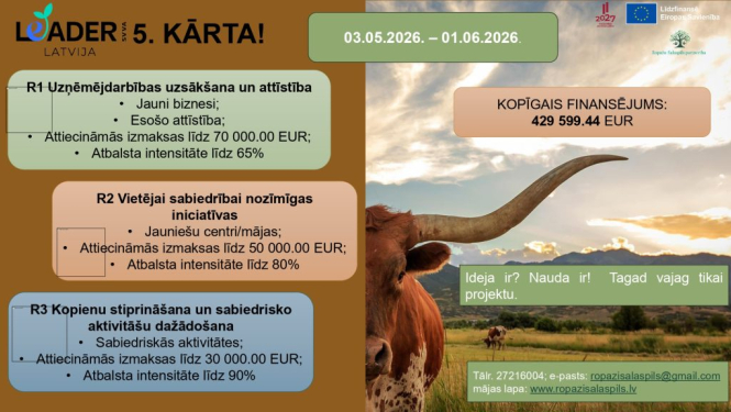 Biedrības “Ropažu Salaspils partnerība” paziņojums par atklātu projektu iesniegumu pieņemšanas 5. kārtu