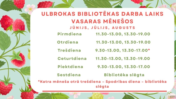 Darba laiks Ulbrokas bibliotēkā vasarā 2026
