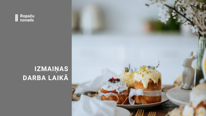 izmaiņas darba laikā, bildē Lieldienu svētku galds ar olām, kūkām, ziediem un zaķiem
