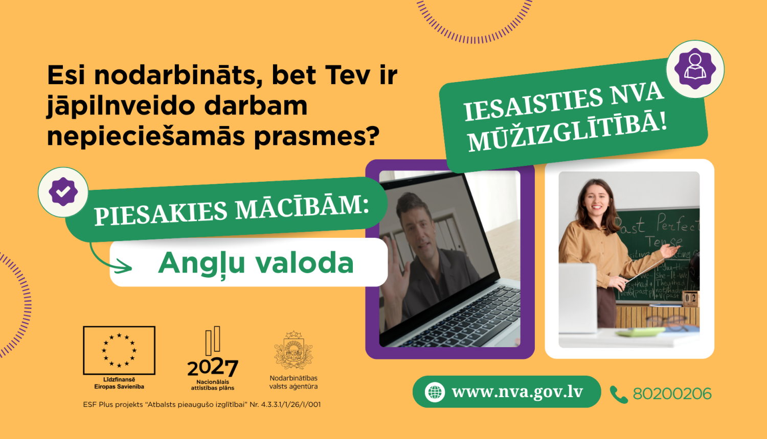 NVA nodarbinātība projekts ar iespēju apgūt angļu valodu, afiša