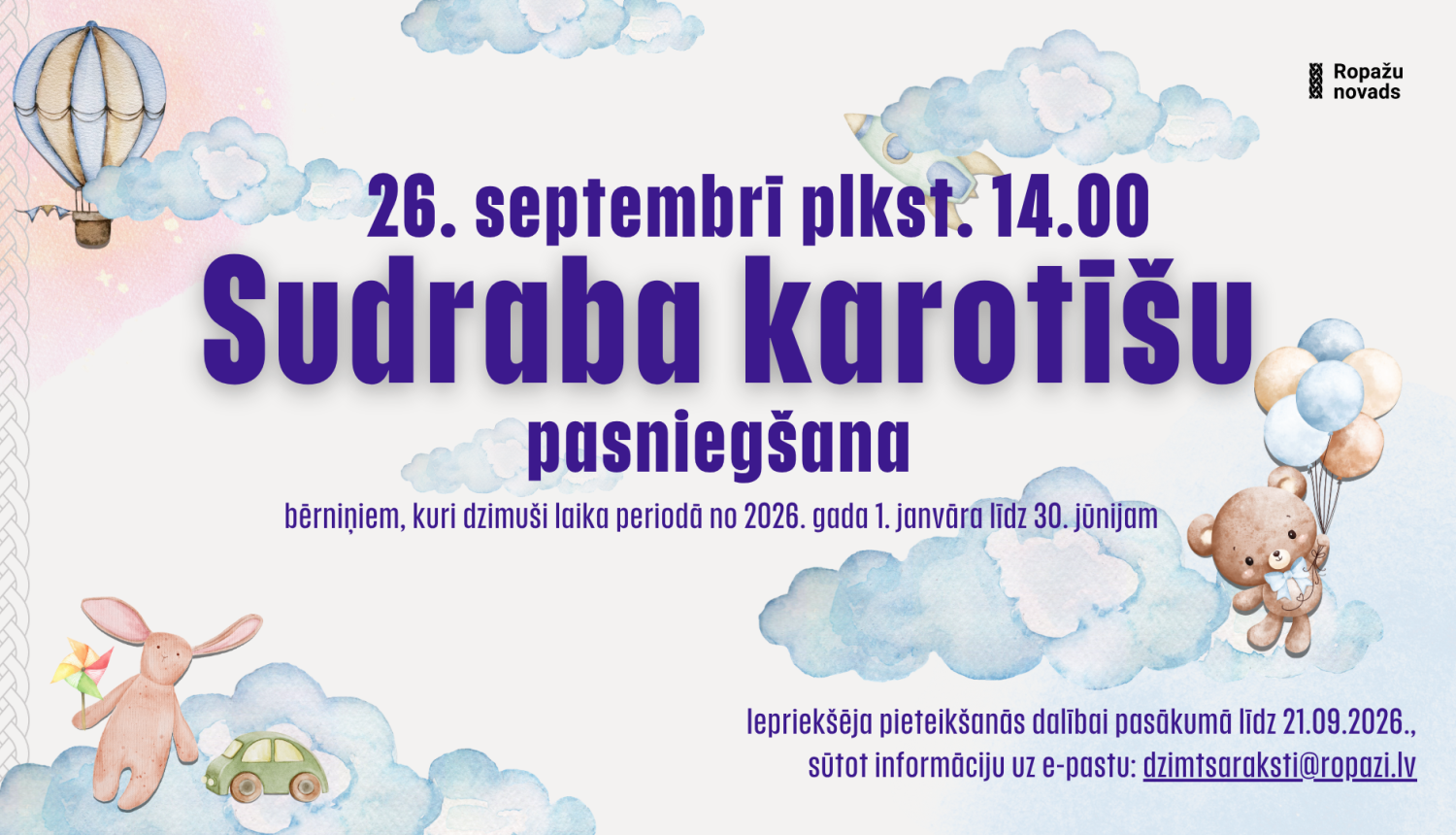 udraba karotīšu pasniegšana Ropažu novadā deklarētajiem bērniņiem, afiša