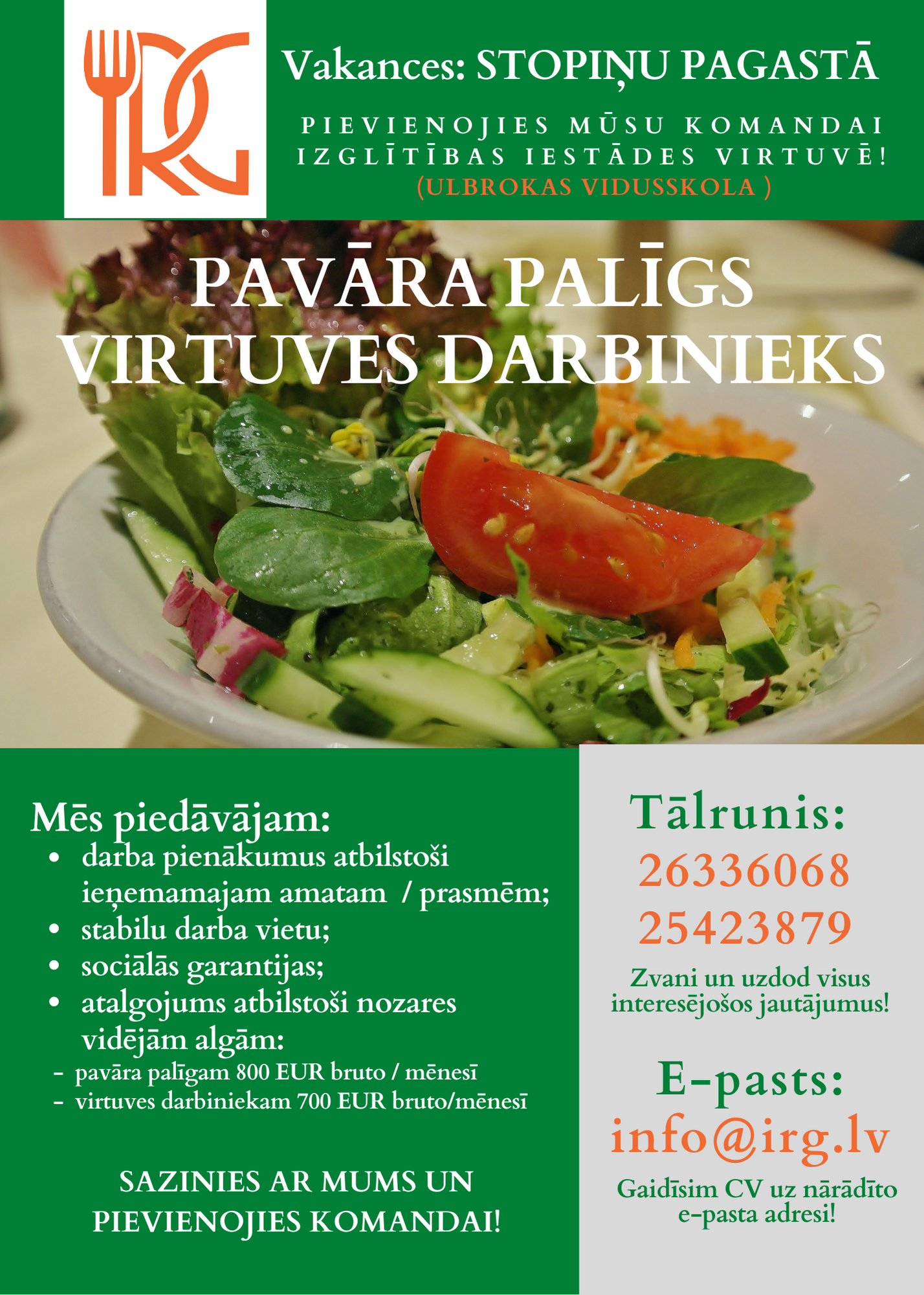 IRG aicina darbā pavāra palīgu virtuves darbinieku