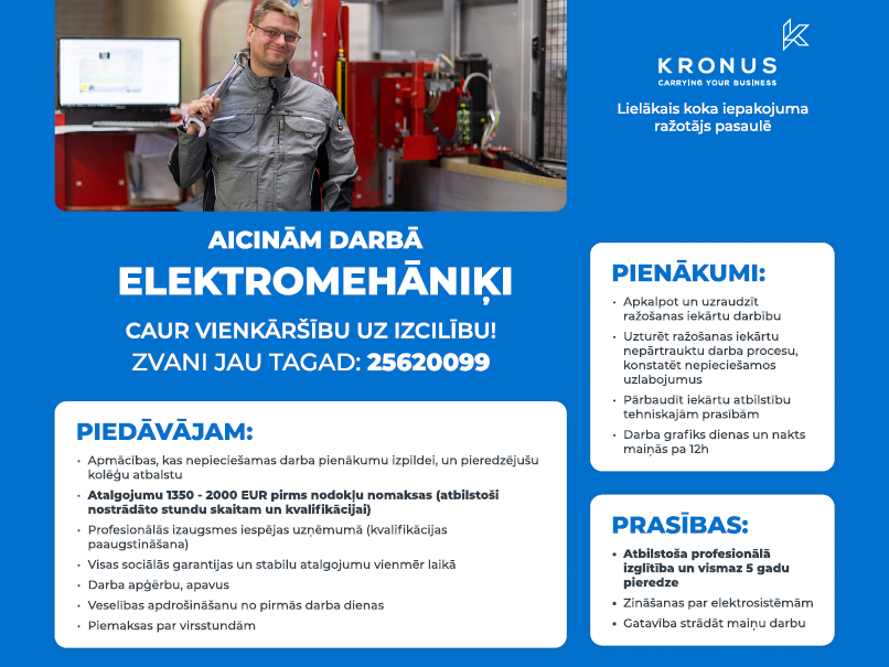 SIA Kronus aicina darbā elektromehāniķi