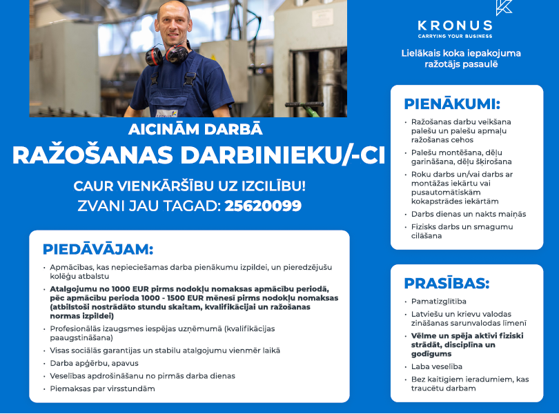 SIA Kronus aicina darbā ražošanas darbinieku