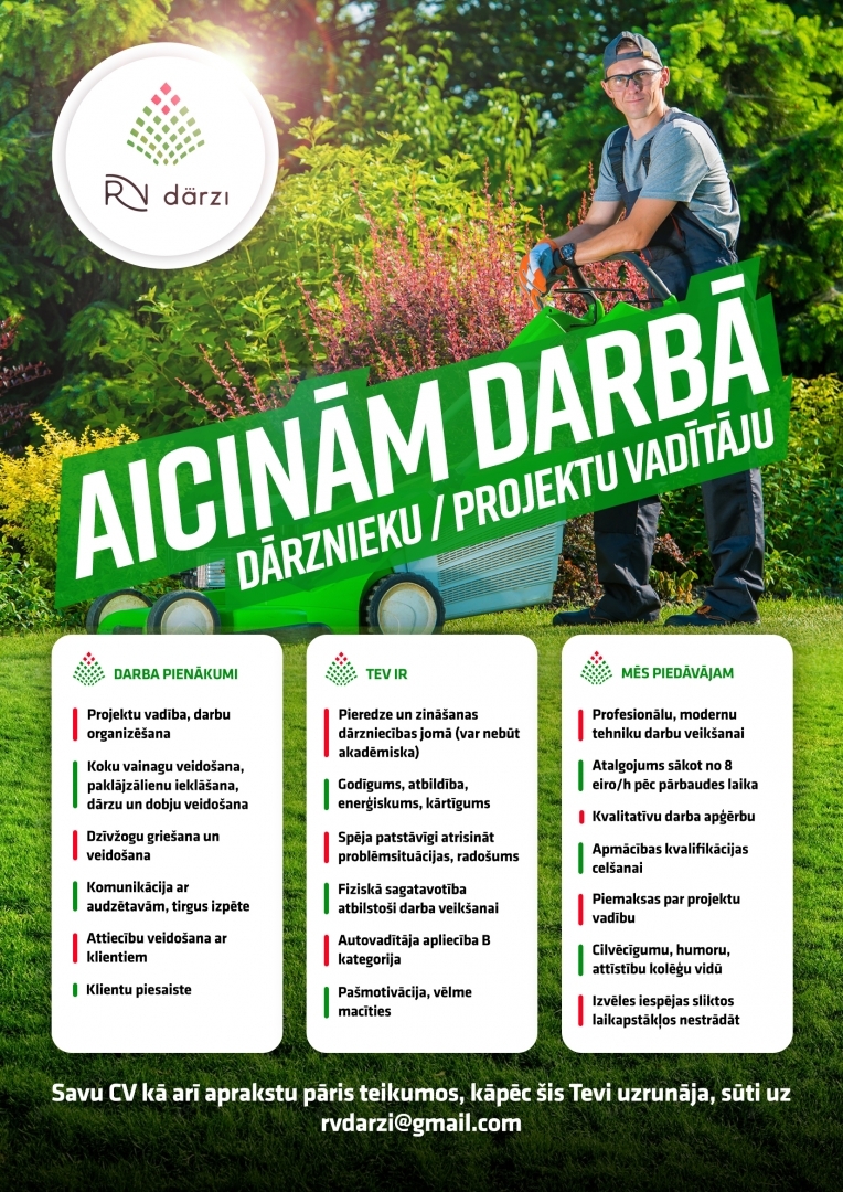 RV dārzi aicina darbā dārznieku - projektu vadītāju