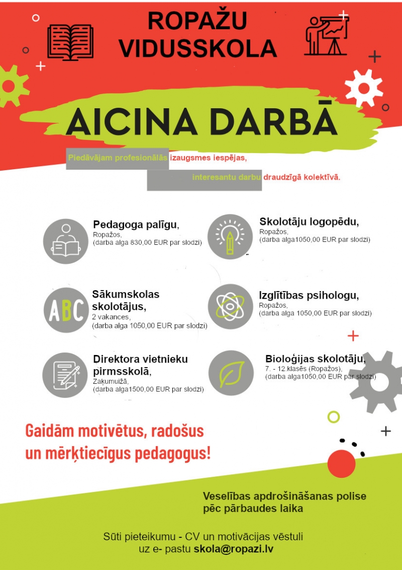 Ropažu vidusskolas aicina darbā