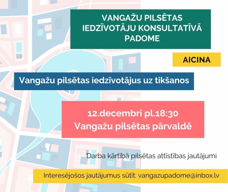 Vangažu pilsētas iedzīvotāju konsultatīvā padome aicina iedzīvotājus uz sarunu par pilsētas attīstības jautājumiem. Tikšanās notiks 12.decembrī, Vangažu pilsētas pārvaldes telpās, sākums 18:30. Iedzīvotāji savus jautājumus pirms sarunas var sūtīt uz e-pastu vangazupadome@inbox.lv !