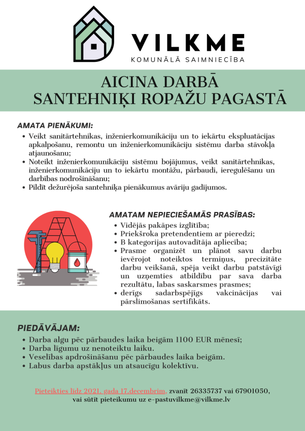 Vilkme aicina darbā santehniķi