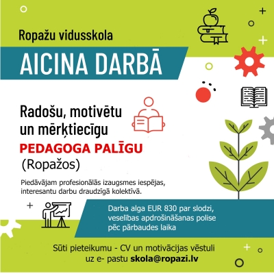 Ropažu vidusskola aicina darbā skolotāju, logopēdu, izglītības psihologu, pedagoga palīgu un direktora vietnieku izglītības jomā. 
