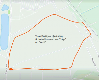 Trase Dreiliņos, pļavā starp tirdzniecības centriem “Sāga” un “Kurši”.