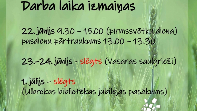 Ulbrokas bibliotēkas darba laika izmaiņas