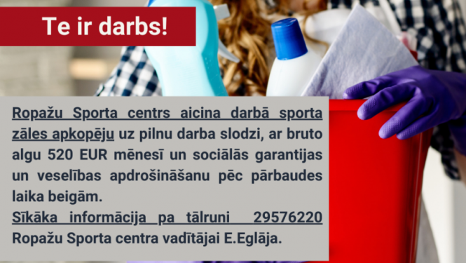 Ropažu Sporta centrs aicina darbā apkopēju un administratori/-u