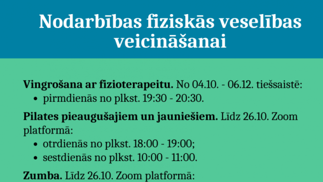 Aicinām iedzīvotājus pieteikties nodarbībās fiziskās veselības veicināšanai