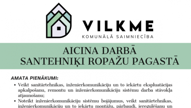 Sabiedrība ar ierobežotu atbildību “VILKME” aicina darbā Santehniķi Ropažu pagastā