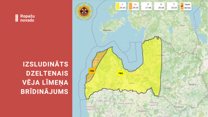 Izsludināts dzeltenais vēja līmeņa brīdinājums