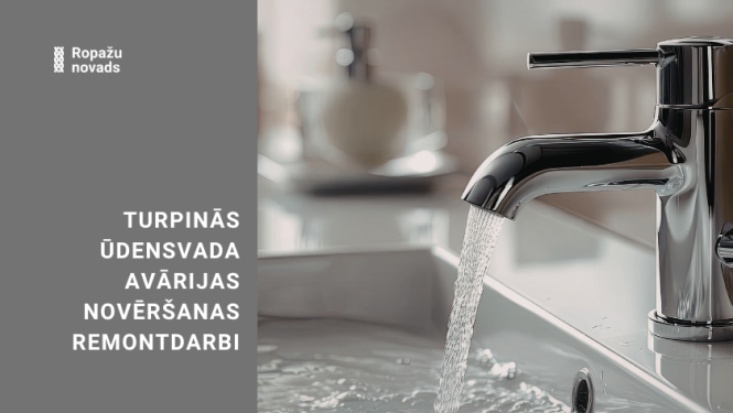 turpinās remontdarbi ūdensvadā. bildē izlietne un tekošs jaucējkrāns