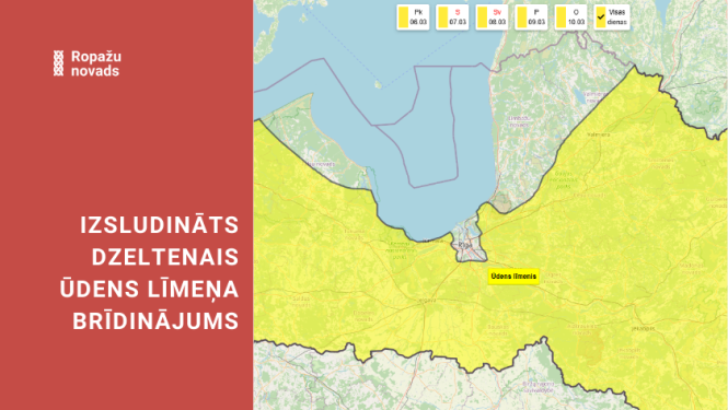 izsludināts dzeltanais brīdinājums, Latvijas karte
