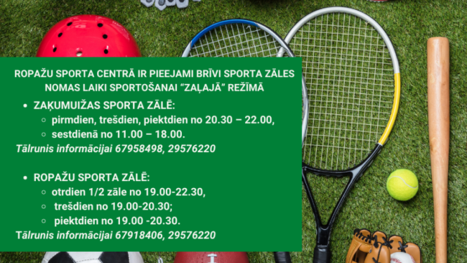 Ropažu Sporta centrā (Ropažu pagastā) pieejami brīvi sporta zāles nomas laiki sportošanai “zaļajā” režīmā