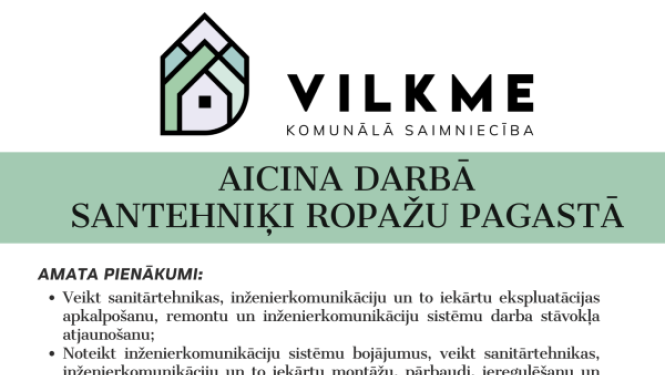 Sabiedrība ar ierobežotu atbildību “VILKME” aicina darbā Santehniķi Ropažu pagastā