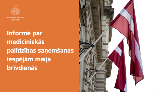 Nacionālais veselības dienests informē par medicīnas palīdzības saņemšanas iespējām maija brīvdienās, bildē valsts karogi mastā