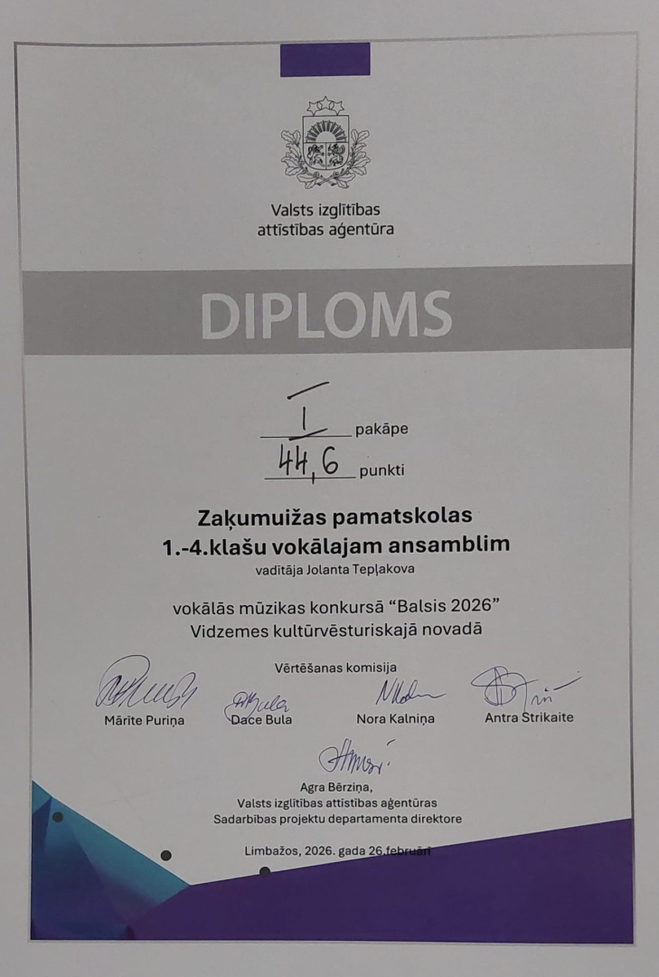 Noslēdzies vokālo ansambļu konkurss “Balsis 2026”, diploms