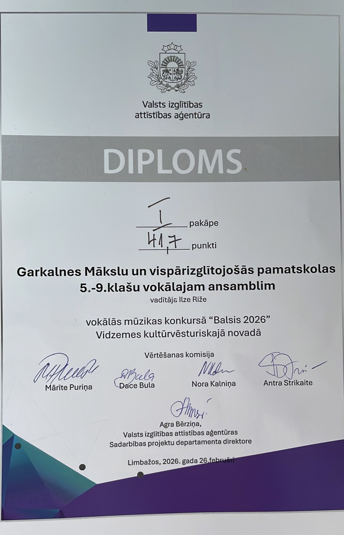 Noslēdzies vokālo ansambļu konkurss “Balsis 2026”, diploms