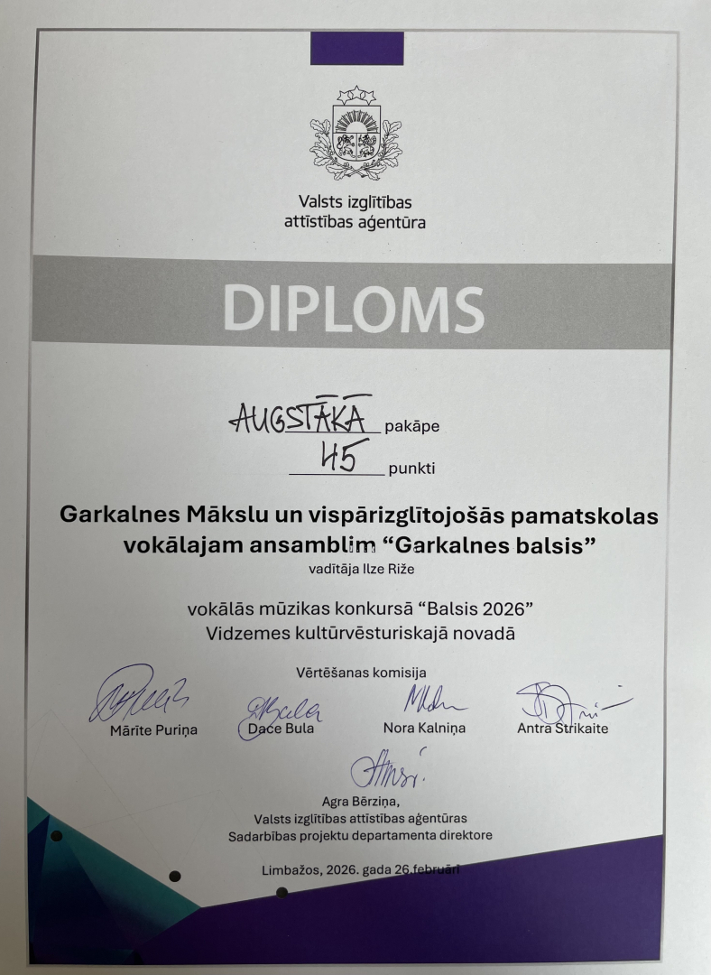 Noslēdzies vokālo ansambļu konkurss “Balsis 2026”, diploms