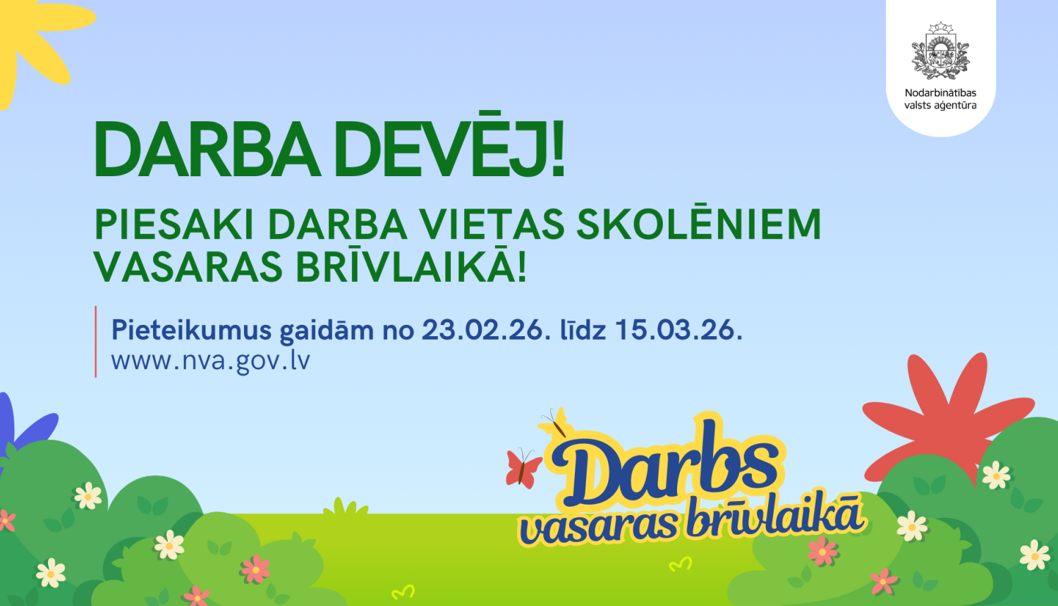 NVA uzsāk darba devēju pieteikumu pieņemšanu skolēnu nodarbinātības pasākuma īstenošanai 2026. gada vasarā