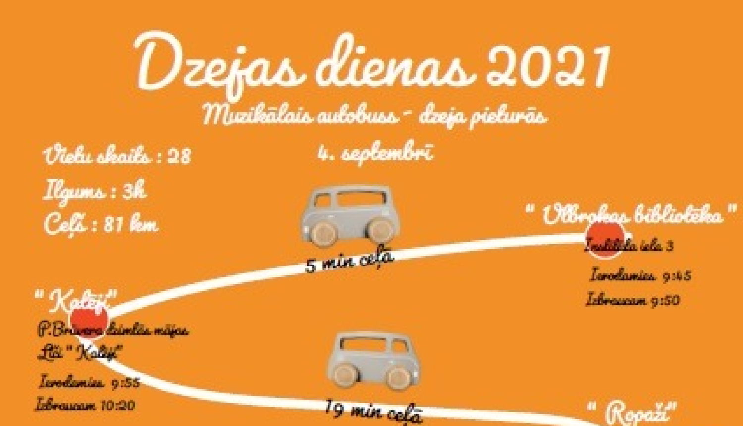 4. septembrī no plkst.10.00-13.00 aicina ceļojumā pa jaunā Ropažu novada literāro domu lielceļiem “Muzikālais autobuss – dzeja pieturās”, Dzejas dienu 2021 ietvaros