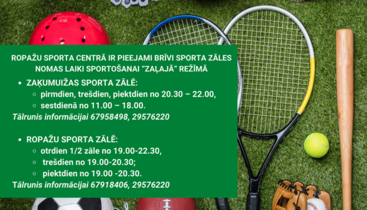 Ropažu Sporta centrā (Ropažu pagastā) pieejami brīvi sporta zāles nomas laiki sportošanai “zaļajā” režīmā