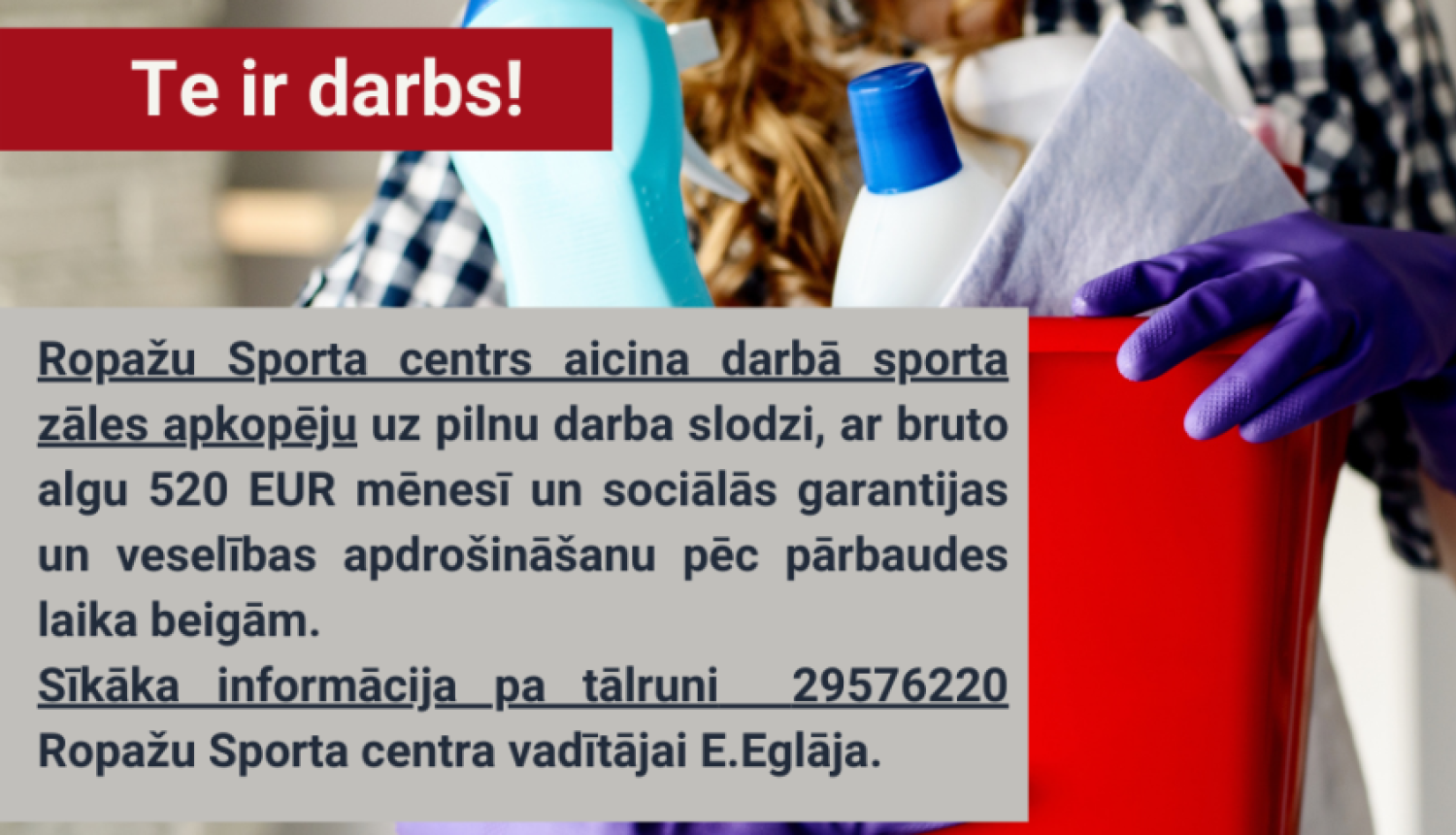 Ropažu Sporta centrs aicina darbā apkopēju un administratori/-u