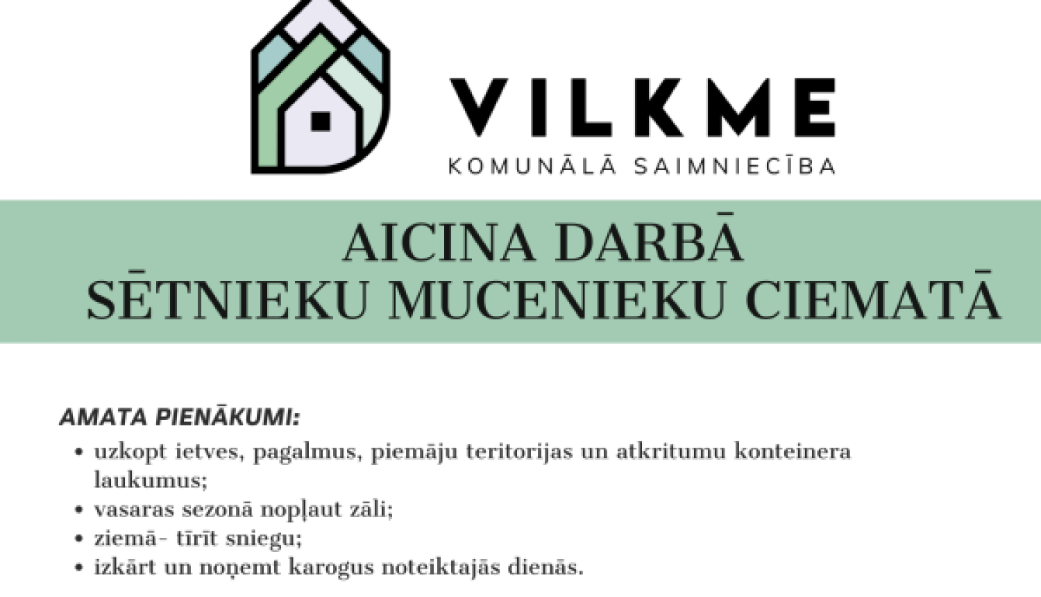 Vilkme aicina darbā sētnieku Muceniekos
