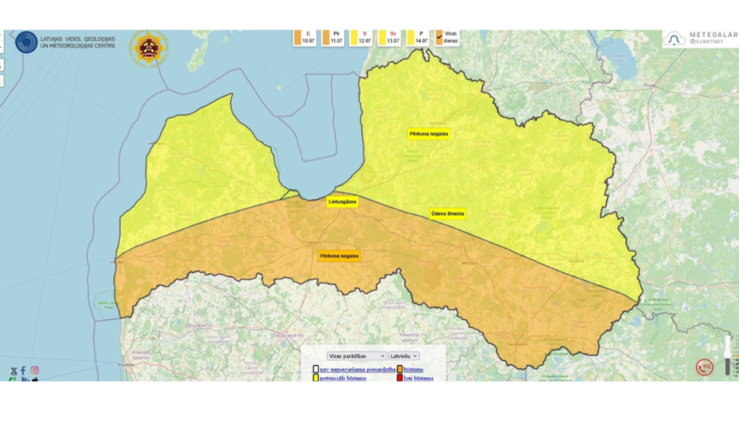 Oranžais brīdinājums par stiprinu pērkona negaisu un lietu, 10.07.2025.