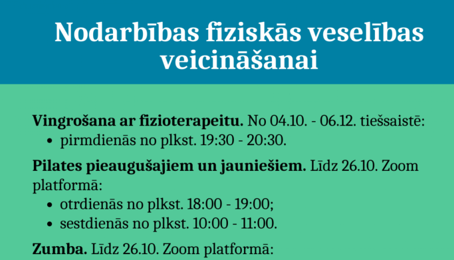 Aicinām iedzīvotājus pieteikties nodarbībās fiziskās veselības veicināšanai